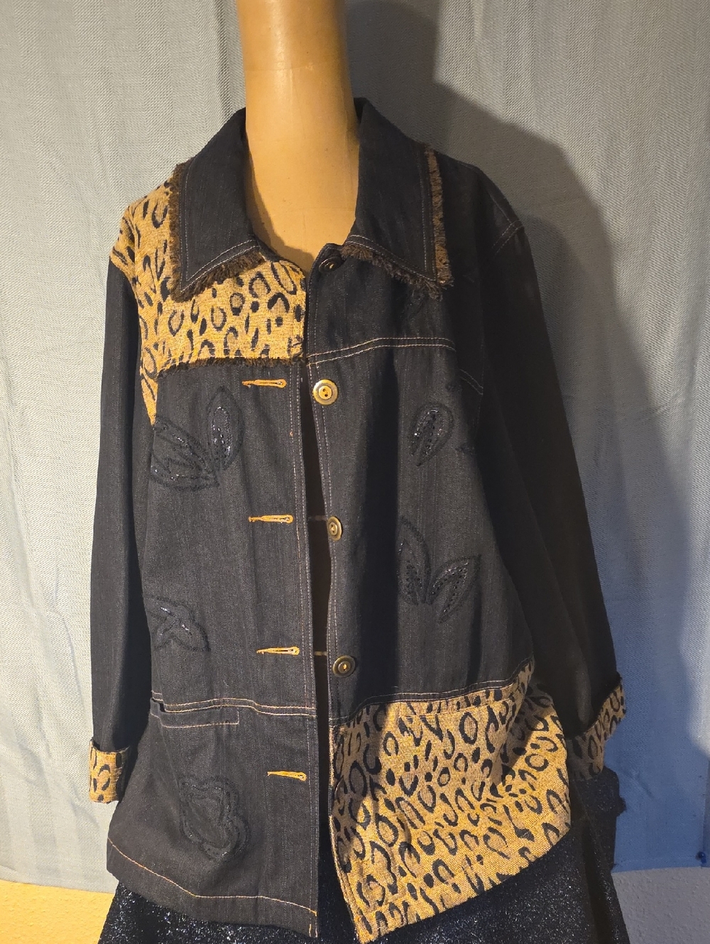 Black Denim Jacket with Leopard Accent